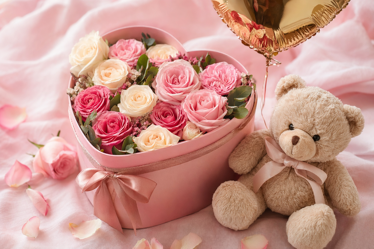 Caja corazón con rosas rosadas, peluche y globo sobre fondo pastel