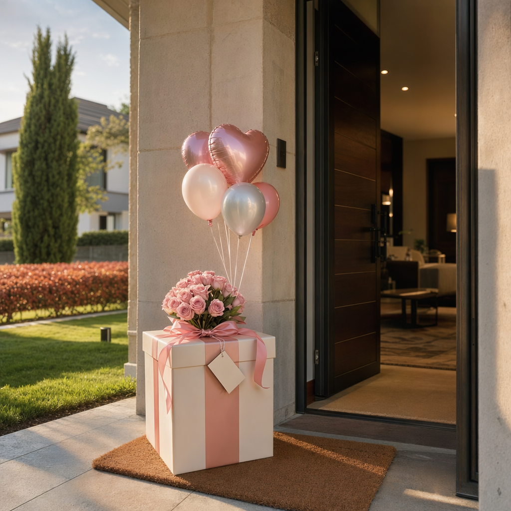 Caja de rosas rosadas con globos en el umbral de una casa de la Sabana