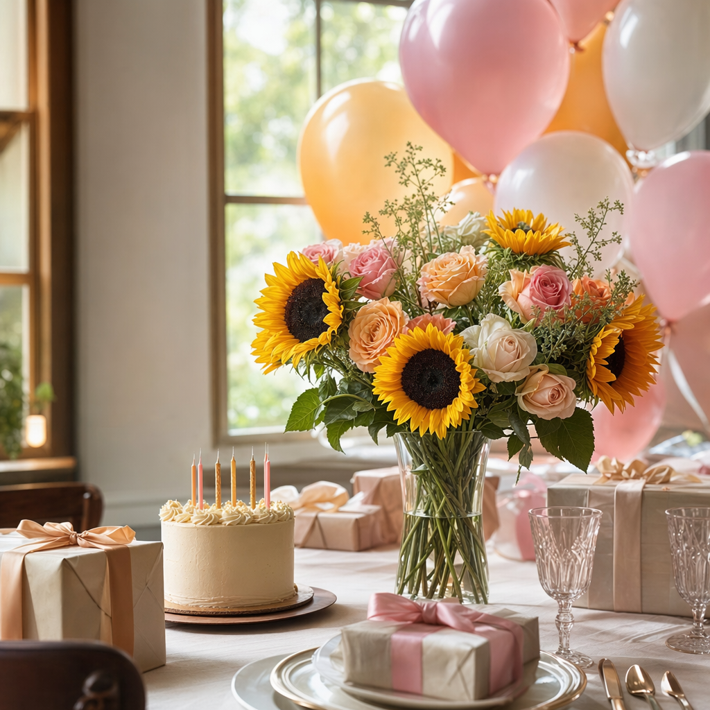 Mesa de cumpleaños con arreglo central de girasoles, torta y globos